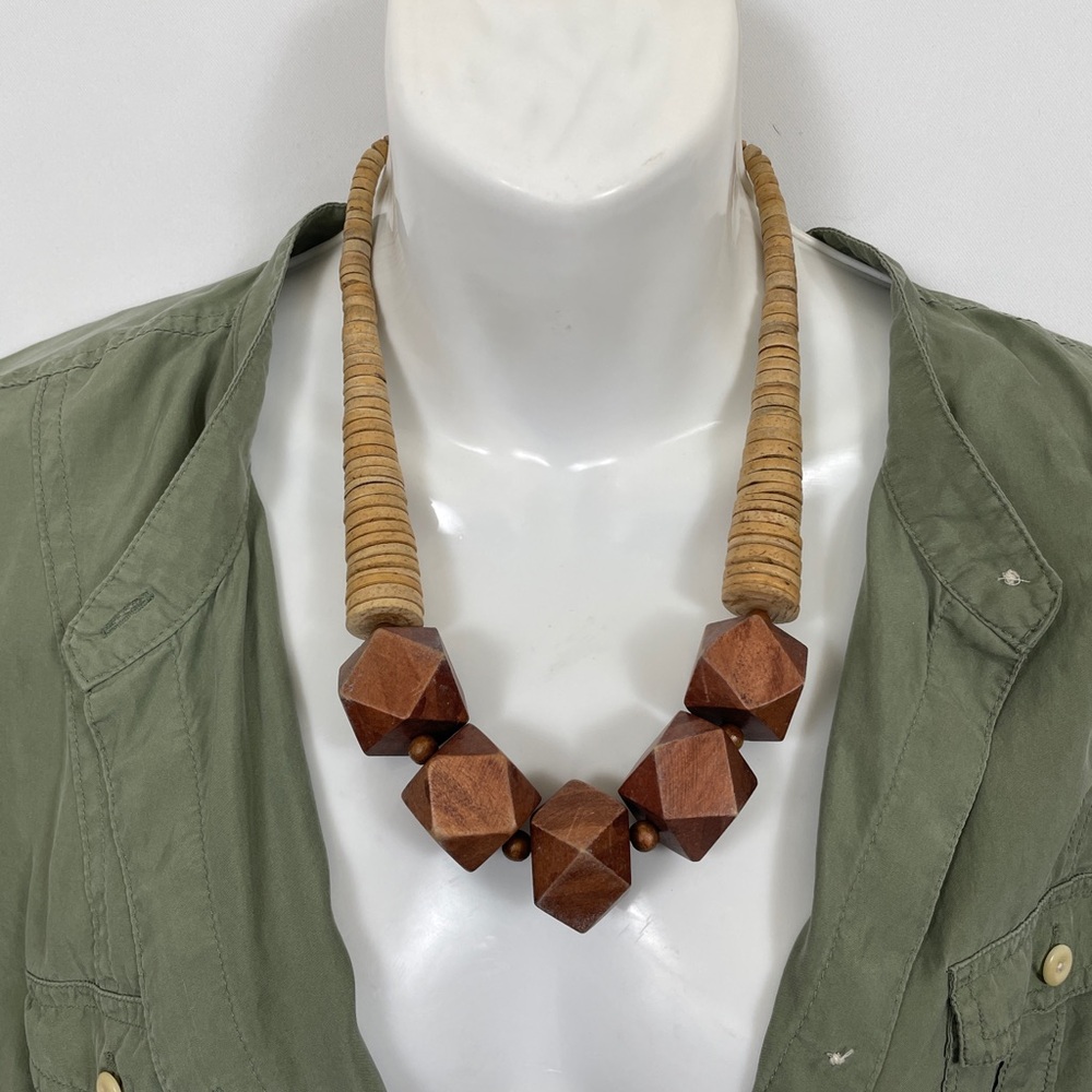 Vintage Chunky Geometric Wooden Bead Statement Necklace - Boho Retro